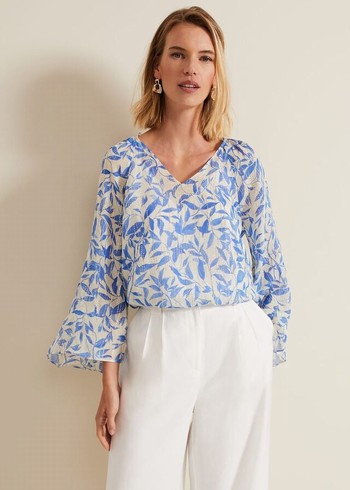 Phase Eight Simi Leaf Print Filcoupe Shirts Blue Canada | PDXVEO-196